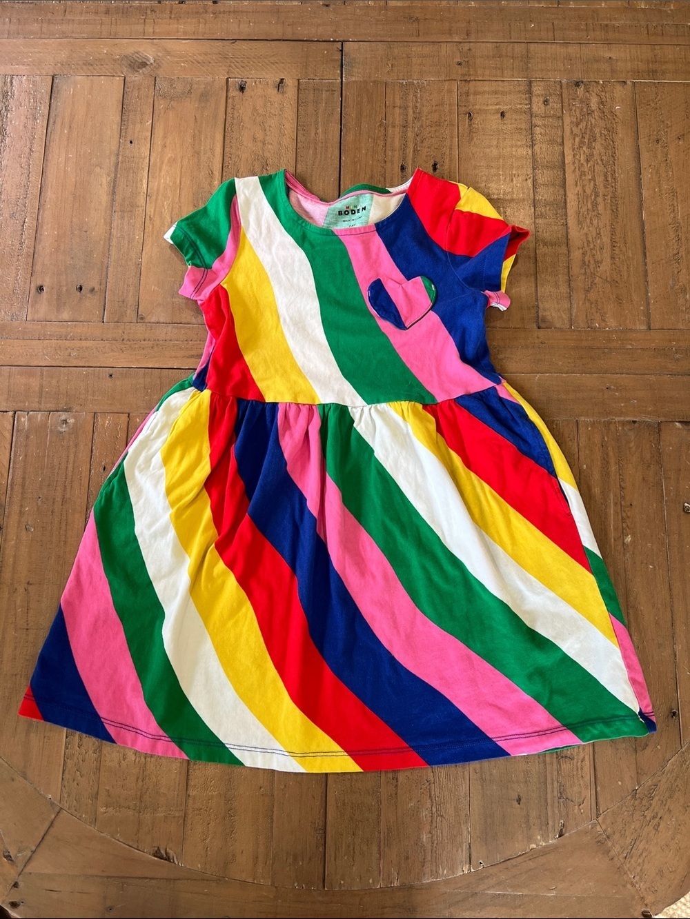 Mini Boden colorful stripe heart pocket dress 7-8 years